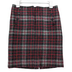 Gap Plaid Pencil Skirt Sailor 0 Red Black Gray Front Zip Buttons Mini Wool Blend